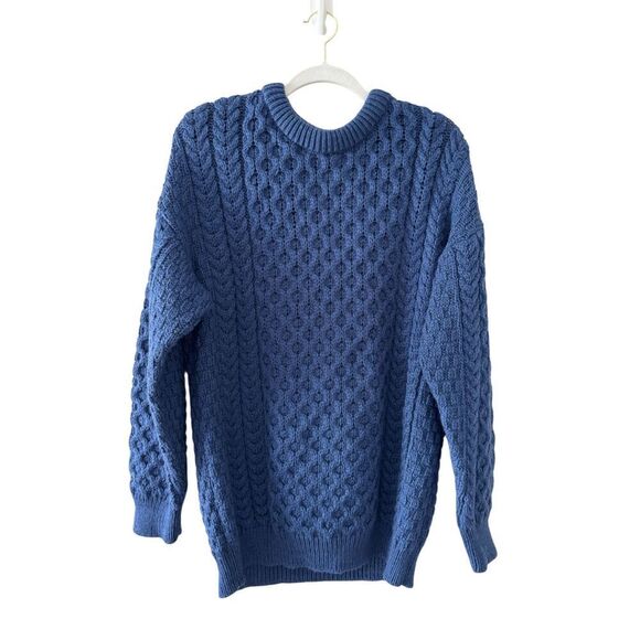 Aran Crafts 100% Merino Wool Blue Sweater Women’s Large Fisherman Cable knit - Picture 1 of 7